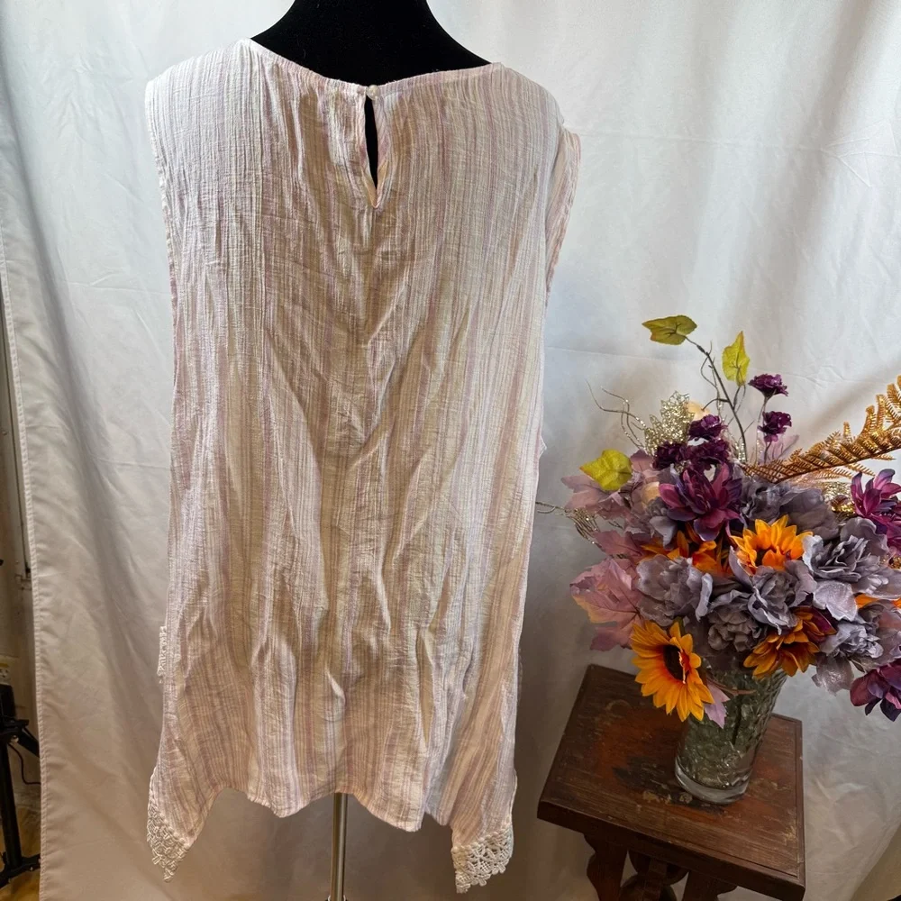 Zac & Rachel 3X Pastel Stripe Sleeveless Tunic Lace Hem Boho Top - Picture 3 of 8